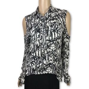 Nicole Miller Artelier Silk Cold Shoulder Blouse PXS Black White Asymmetric Hem